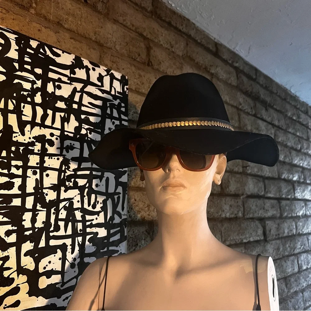All Saints Black Wide Brim Fedora with Gold Chain Detail - Picture 5 of 5